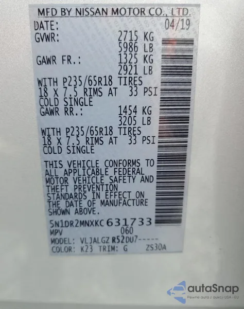 2019 Nissan Pathfinder S из США, поврежденный, VIN 5N1DR2MNXKC631733